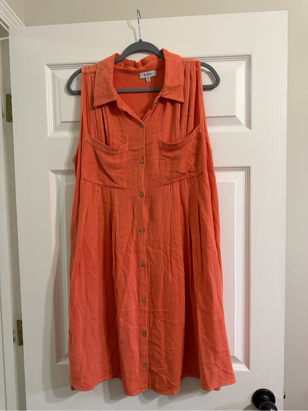Fate Coral Orange Linen Blend Sleeveless Button Front Shirt Dress